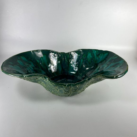Vtg Centerpiece Studio Art Pottery Oval Fruit Bowl Drip Glazed Sgraffito Design - Picture 1 of 12